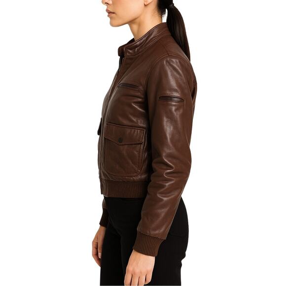 Vintage Verducci Brown Leather Bomber Jacket Zip Front Pockets Women’s Size 8 - Picture 9 of 11